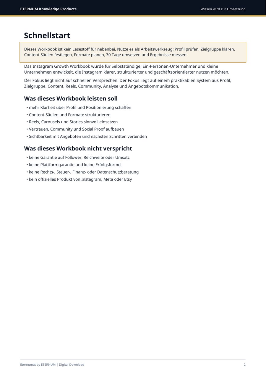 Echte Innenseite: Instagram Growth · Workbook