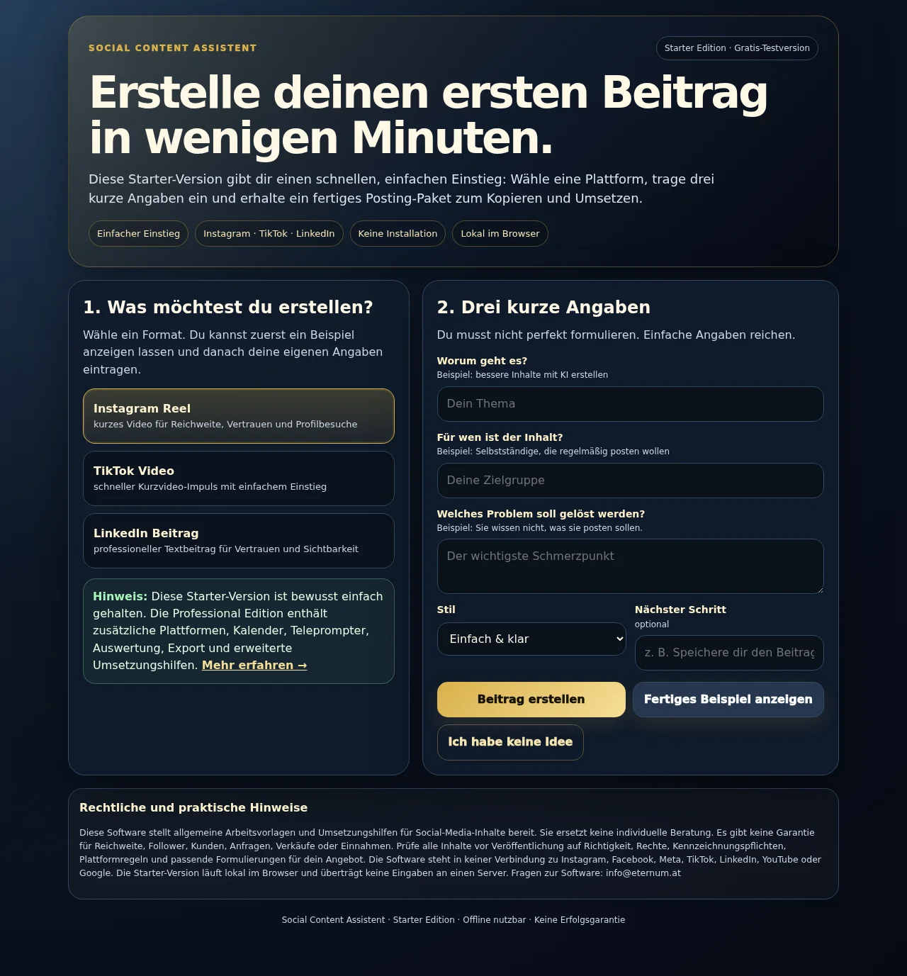 Echtes Ergebnis der Gratis-Software: fertiger Instagram-Beitrag mit Text, Caption, Cover-Text und Anleitung